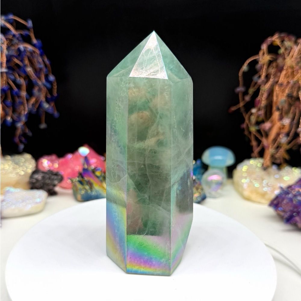 Aura Fluorite Crystal Tower Rainbow Green AB Aurora Iridescent